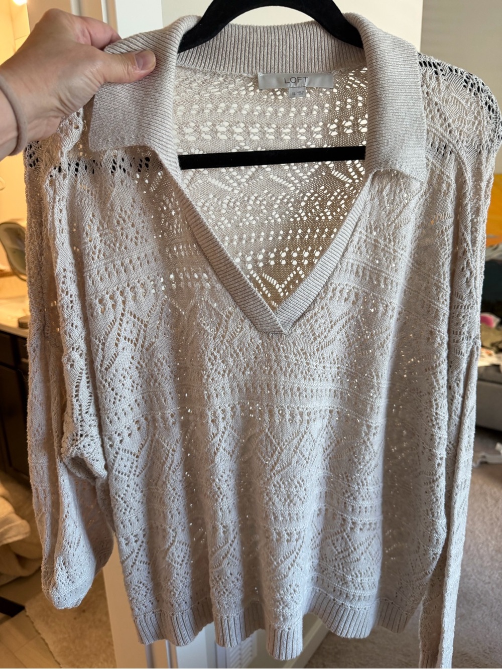 LOFT Cream Openwork V-Neck Polo-Collar Sweater